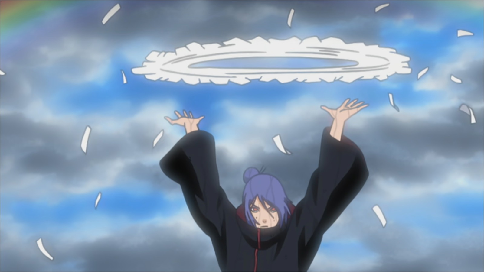 Konan has her hands above her head in Masashi Kishimoto's Naruto 