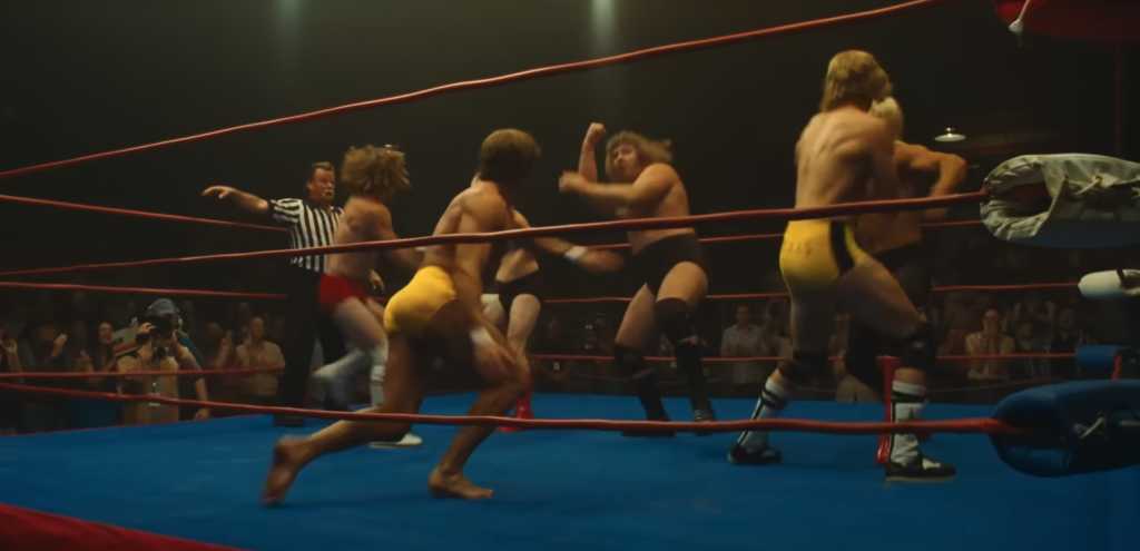 A bunch of wrestlers slog it out in the ring