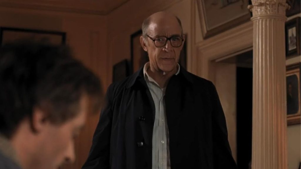 J.K. Simmons angrily looking at Hugh Jackman in The Front Runner