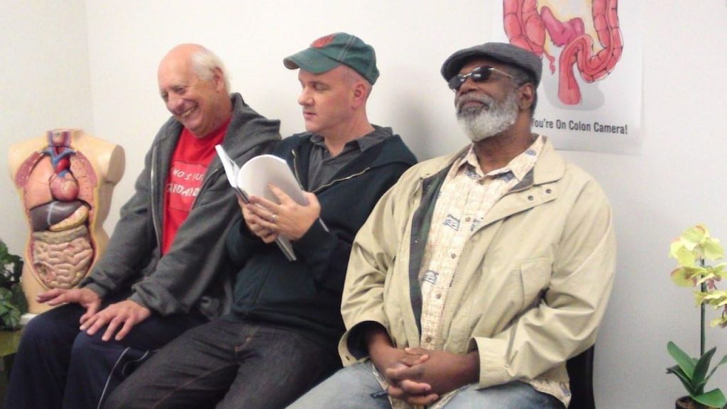 Mike O'Malley, Lou Beatty Jr., and Basil Hoffman sitting in a hospital together in 3 Geezers!