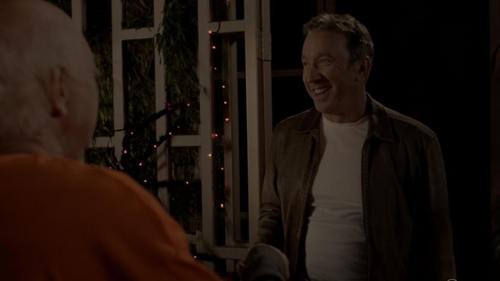 Tim Allen smiling while talking to someone in 3 Geezers! 