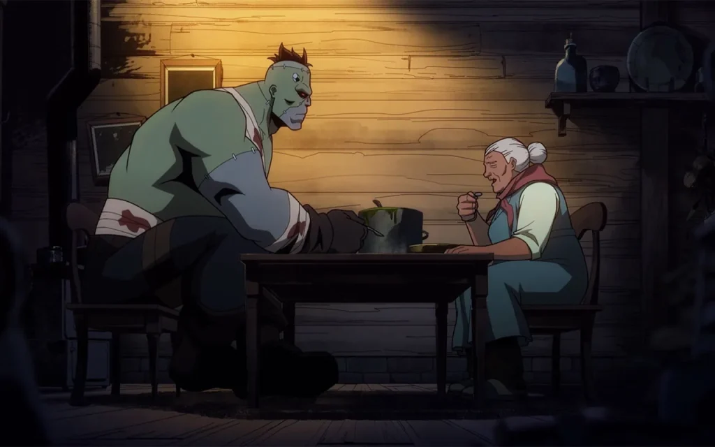 Creature Commandos post credit scene featuring Eric Frankenstein and an old lady eating soup