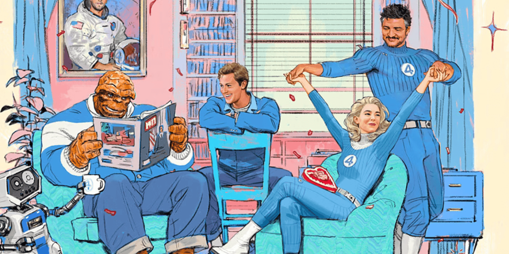 ‘The Fantastic Four: First Steps’ Budget: How Much Pedro Pascal’s Marvel Movie Has to Earn to Be Profitable 7 Promotional poster of The Fantastic Four: First Steps featuring painted versions of Pedro Pascal, Vanessa Kirby, Joseph Quinn, and Ebon Moss-Bachrach.