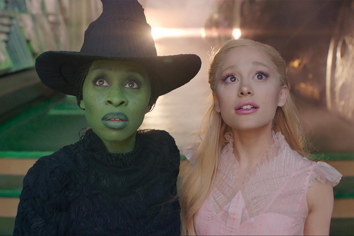 Cynthia Erivo as Elphaba and Ariana Grande as Galinda in the movie Wicked