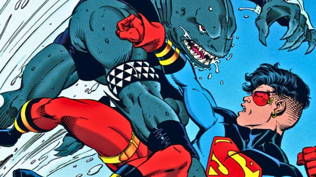 King Shark fighting with Superboy