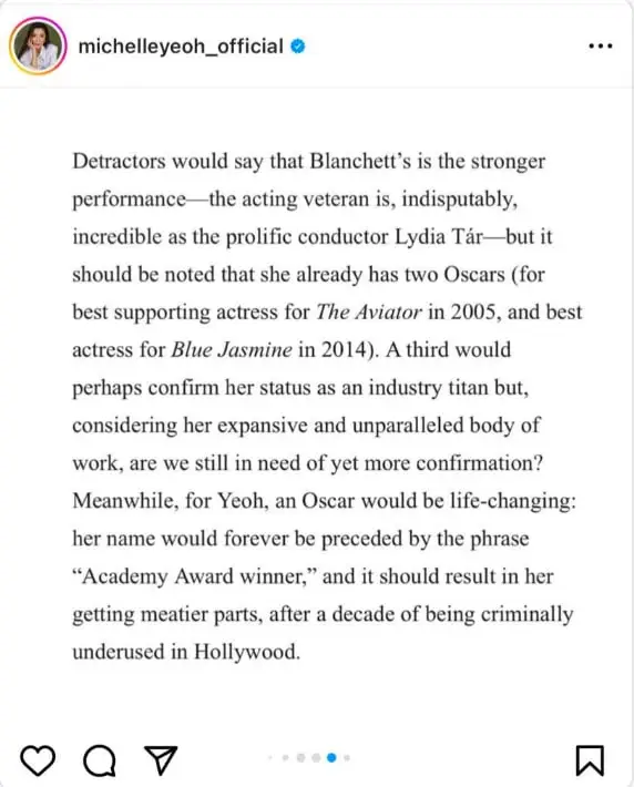 Michelle Yeoh's deleted post on Oscars 2023