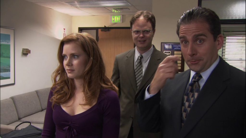 Amy Adams, Rainn Wilson, and Steve Carell in The Office