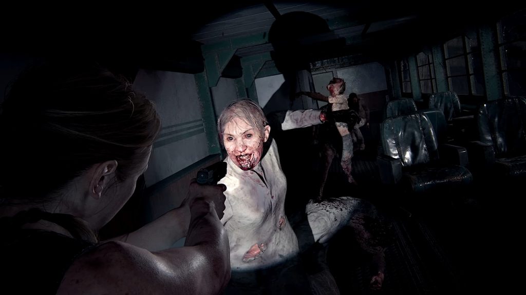 A gameplay scene from The Last of Us Part 2 featuring the player confronting an aggressive female zombie.