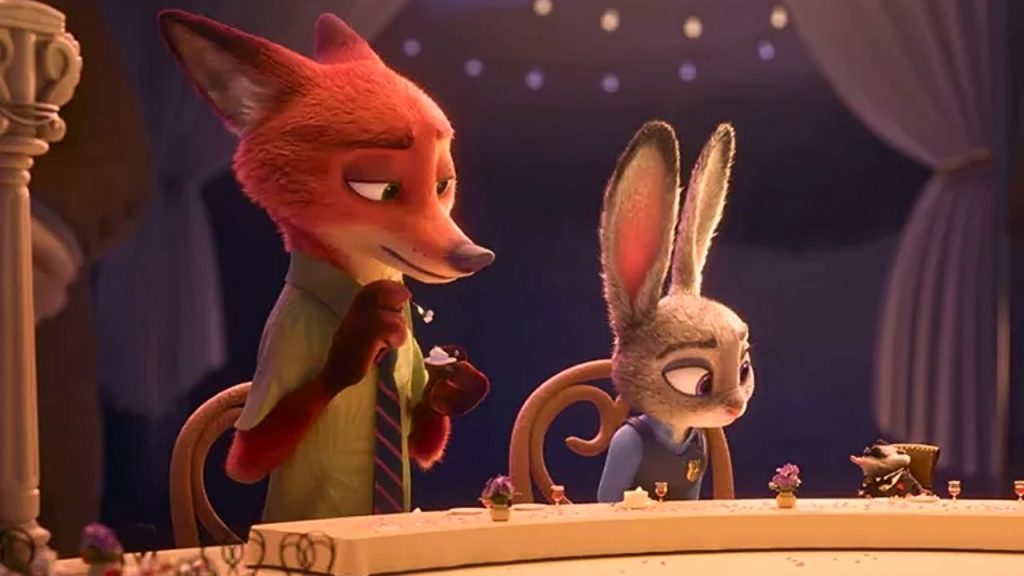 Jason Bateman and Ginnifer Goodwin as Nick Wilde the fox and Judy Hopps the rabbit in Zootopia