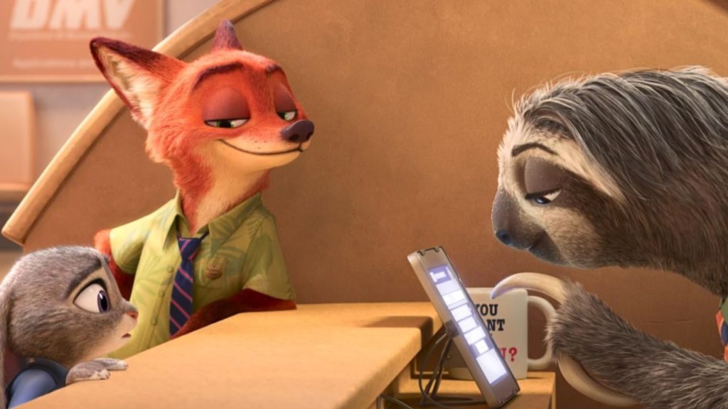 Jason Bateman, Ginnifer Goodwin and Raymond S. Persi as Nick Wilde the fox, Judy Hopps the rabbit and Flash the Sloth in Zootopia