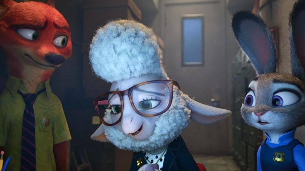 Jason Bateman, Ginnifer Goodwin and Jenny Slate as Nick Wilde the fox, Judy Hopps the rabbit and Dawn Bellwether the female sheep in Zootopia