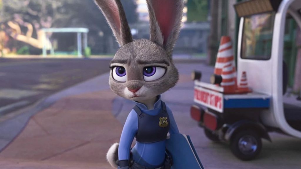 Ginnifer Goodwin as Judy Hopps the rabbit, looking disappointed in Zootopia