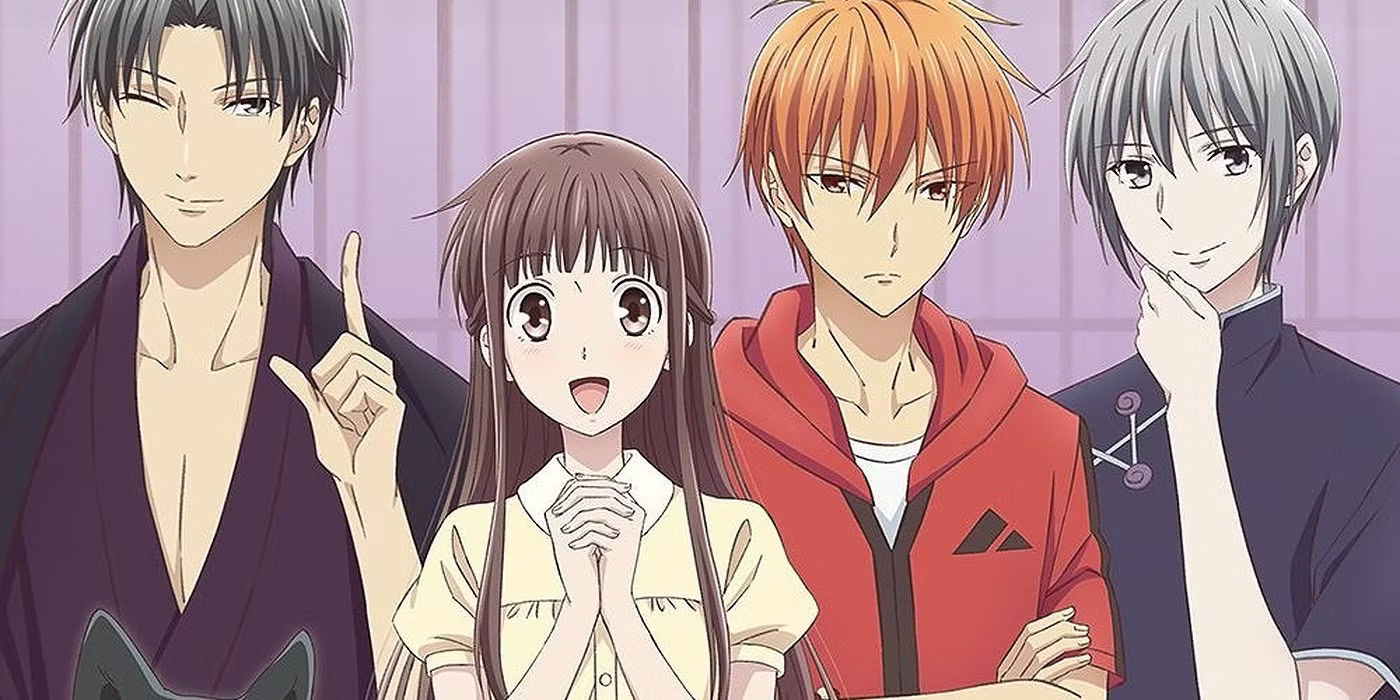 Shigure Sohma, Tohru Honda, Kyo Sohma, and Yuki Sohma from Fruits Basket anime. 
