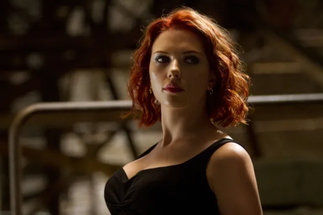 Scarlett Johansson as Natasha Romanoff in the film Avengers: Endgame bound with a chair.