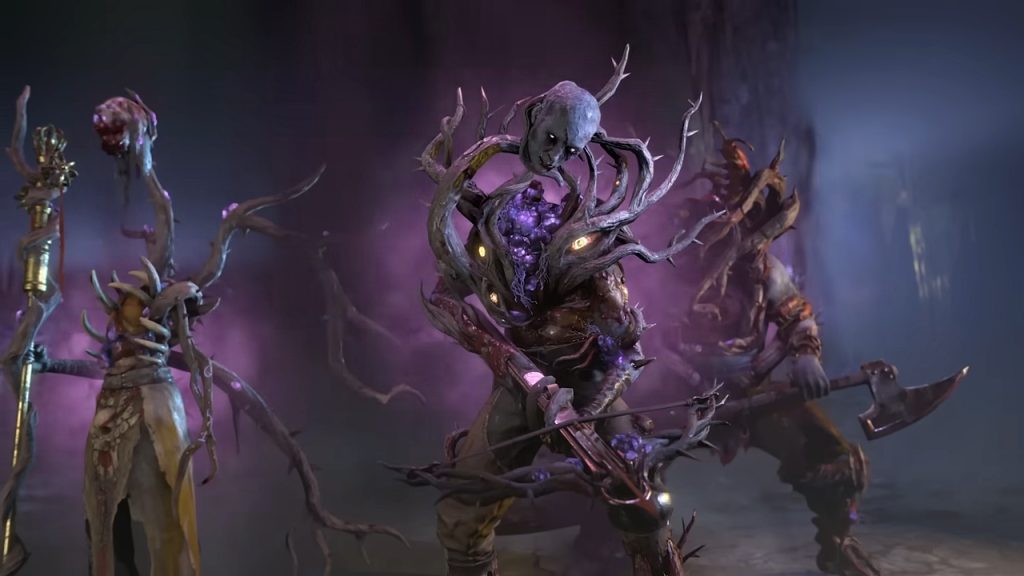 A scene from Diablo 4 Season 7 trailer featuring heads from the Tree of Whispers.