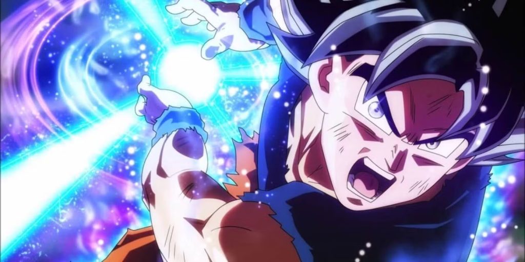 Ultra Instinct Goku firing Kamehameha in Dragon Ball Super