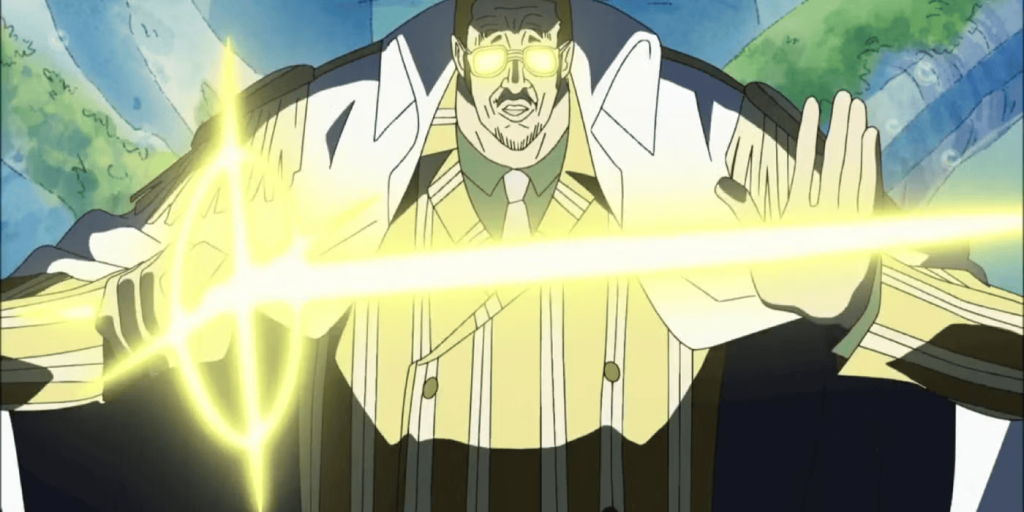 Kizaru using the Pika Pika no Mi in One Piece.