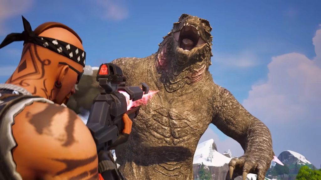 Fortnite Chapter 6 gameplay screenshot featuring a player engaging in combat with Godzilla.