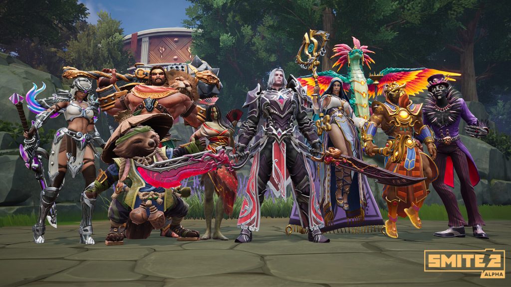 the image shows various players using different Gods in SMITE 2