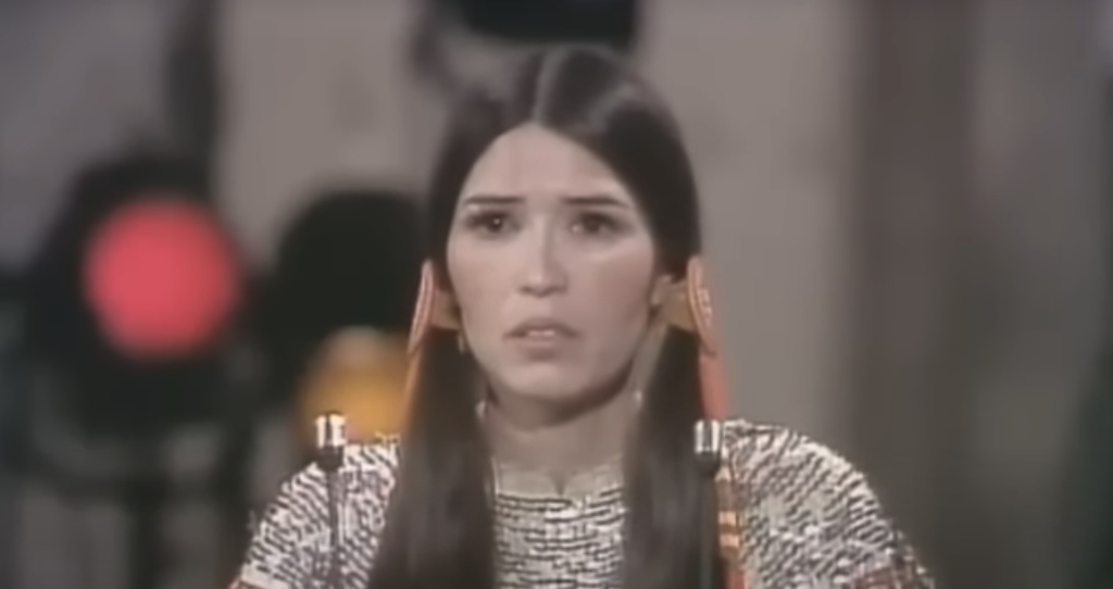 A still of Sacheen Littlefeather from the 1973 Oscar Ceremony 