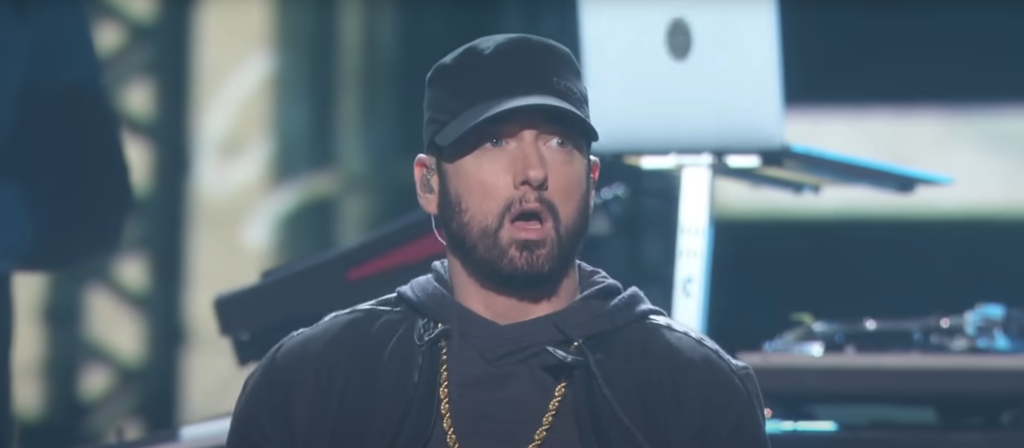 A still of Eminem performing Lose Yourself at the 2020 Oscars