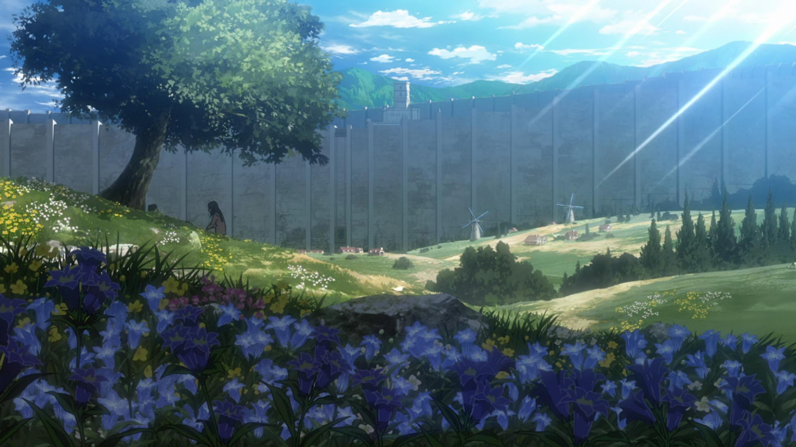 Eren and Mikasa are sitting under a tree in a field full of flowers in Attack on Titan 