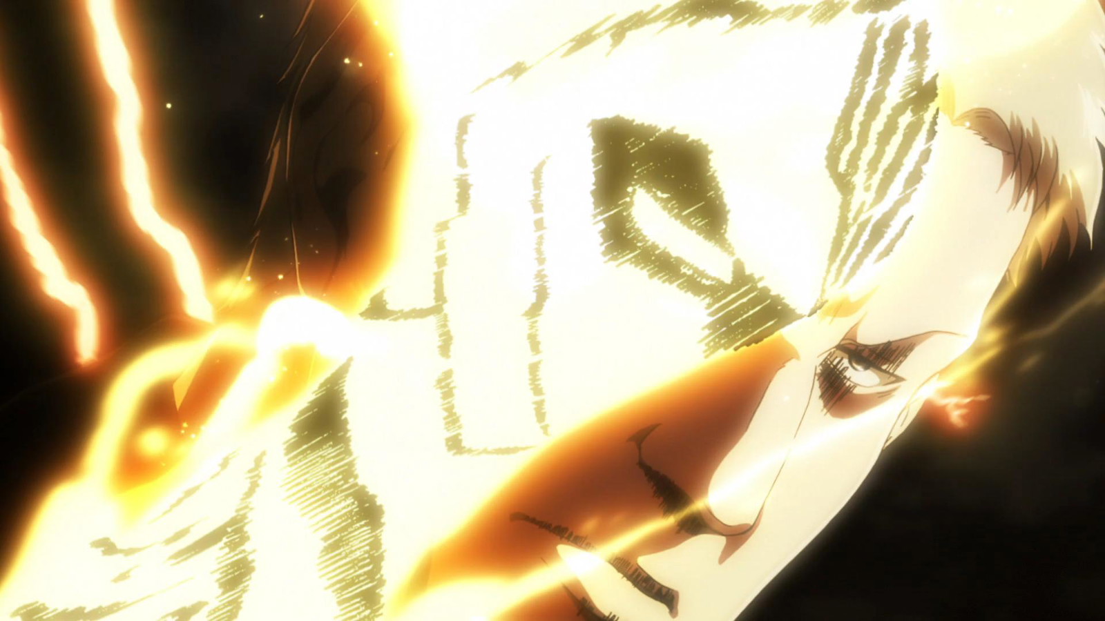 Half of Reiner’s face is glowing a bright yellow in Attack on Titan anime 