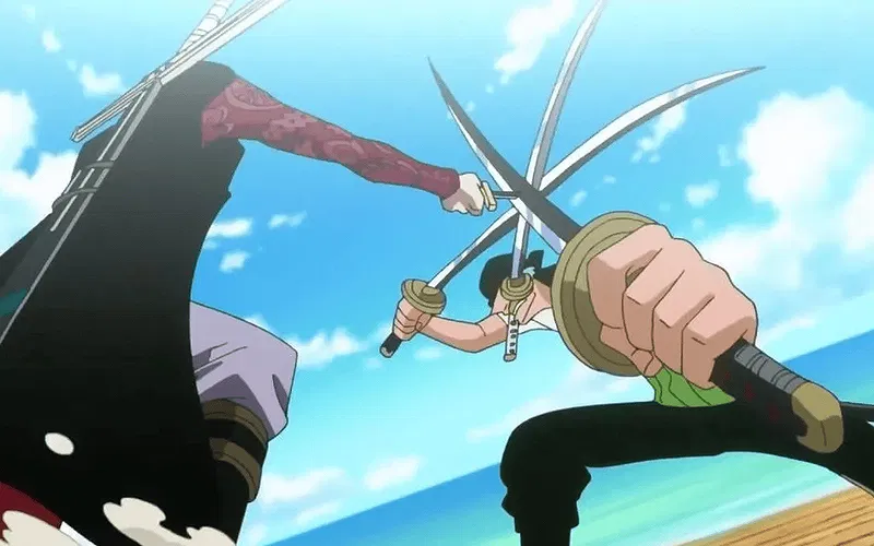 Mihawk đấu với Zoro trong One Piece.