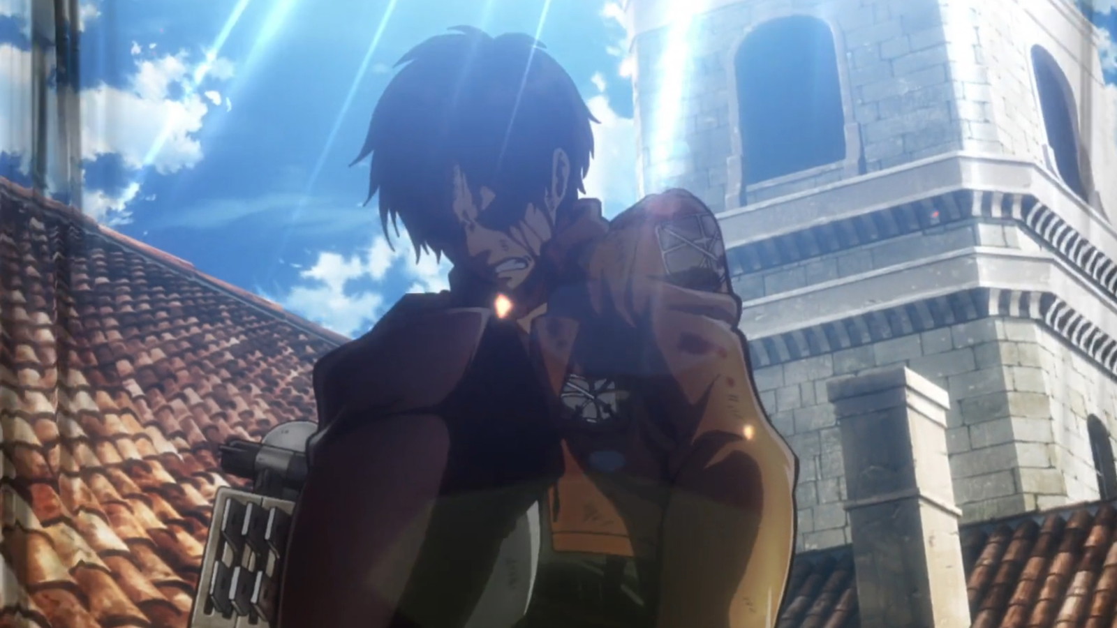 Eren is gritting his teeth and the sun is shining behind him in Attack on Titan anime 