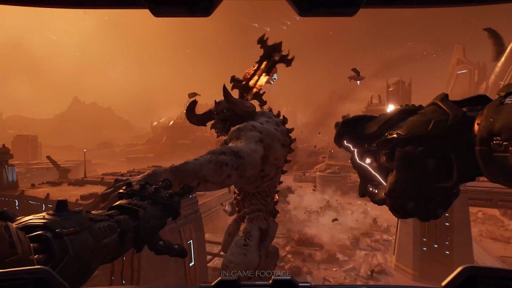 Doom: The Dark Ages gameplay features the player punching a towering demon while piloting the Atlan mech.