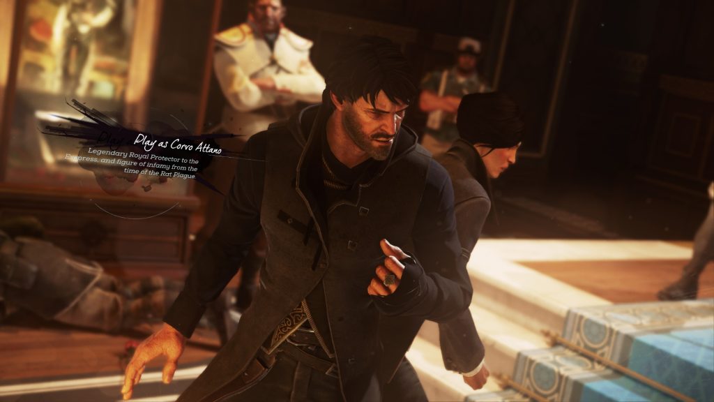 A screenshot of the Dishonored 2 character selection gameplay sequence. 