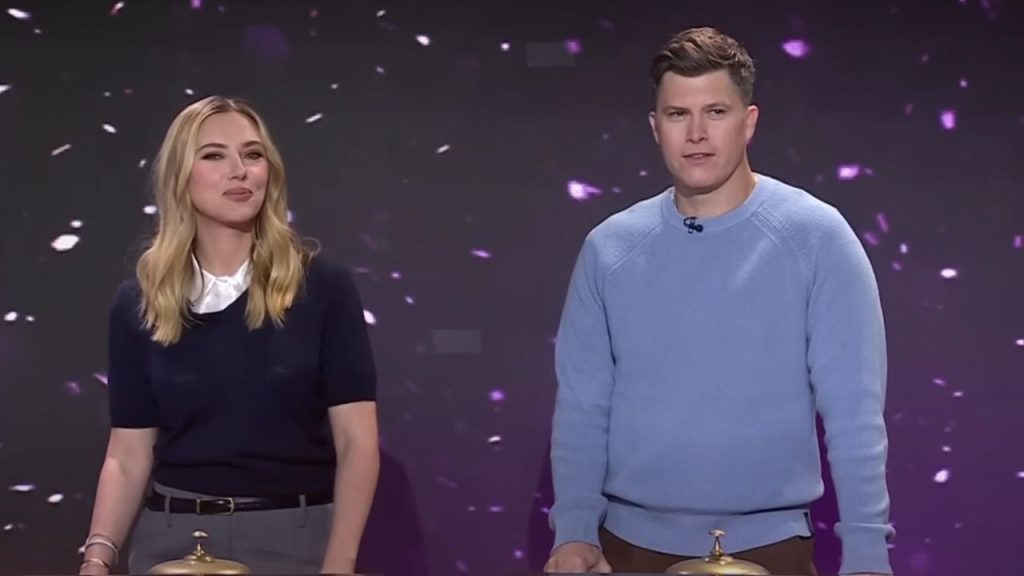 Scarlett Johansson and Colin Jost during a game show