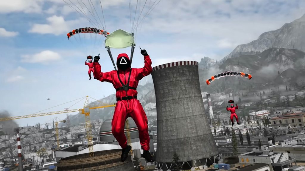 Call of Duty: Warzone screenshot featuring Squid Game guards parachuting into a match. 