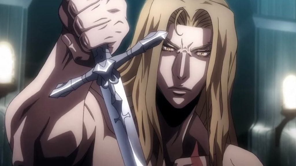 Alucard draws his sword and prepares for a fight. 