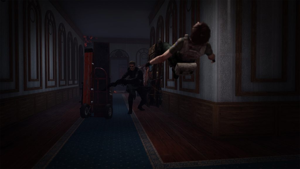 Dead by Daylight gameplay screenshot of killer Albert Wesker attacking a survivor.