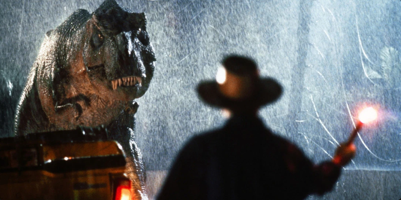 The T-Rex approaching the flare in Jurassic Park (1993).