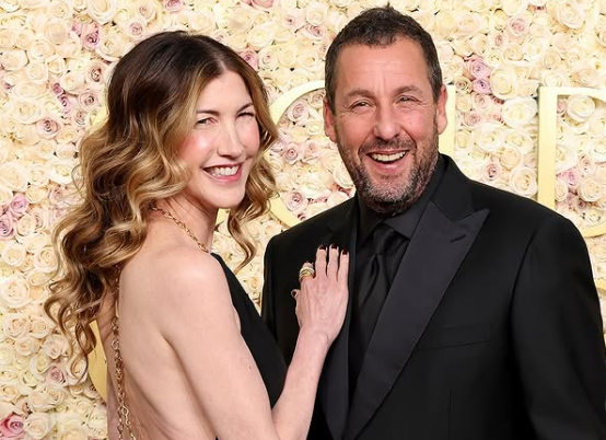 Adam Sandler having a laugh with his wife Jackie Sandler at the Golden Globe 2025 wearing black