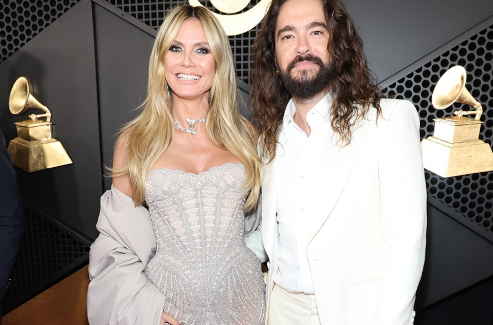 Heidi Klum with husband Tom Kaulitz wearing all whites at Grammy 2025.