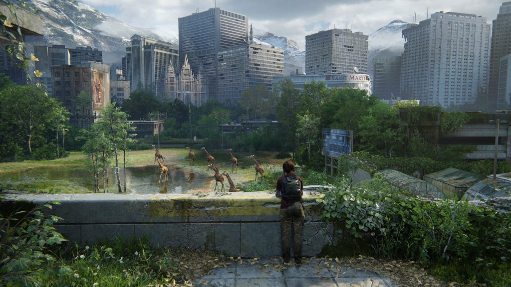 Ellie looking out at the city in The Last of Us.