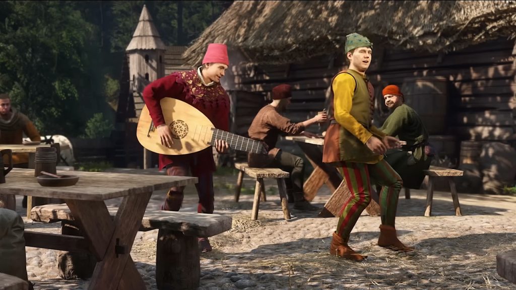 A scene from Kingdom Come: Deliverance 2 featuring two characters playing music and dancing.