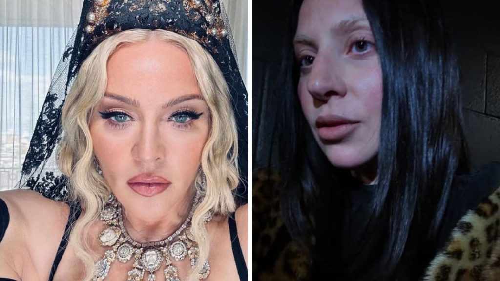 Madonna posing a selfie all dressed up and Lady Gaga in without makeup selfie