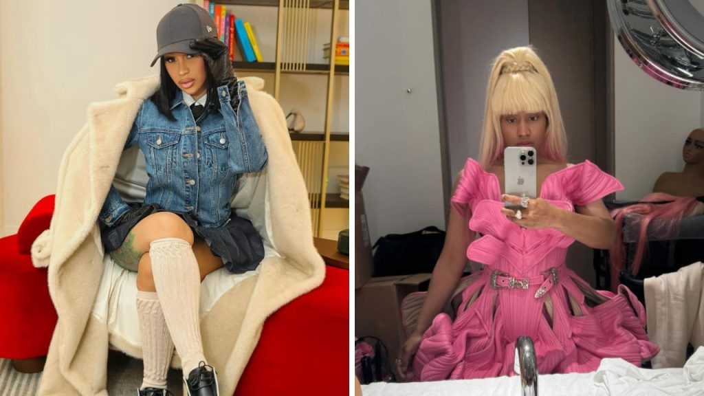 Cardi B in jeans jacket and Nicki Minaj in a pink dress