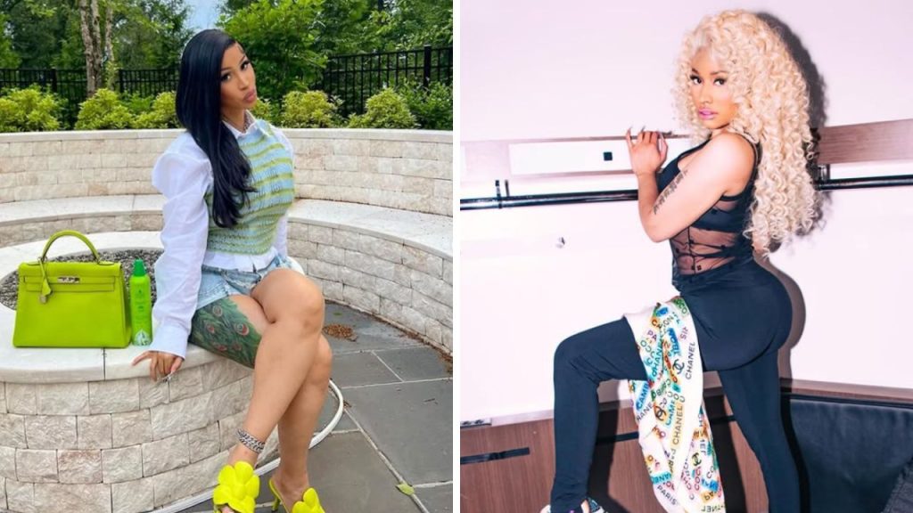 Cardi B with a green handbag and Nicki Minaj with blonde hair