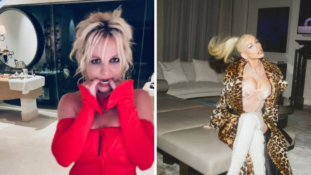 Side-by-side images of Britney Spears and Christina Aguilera posing in their house.