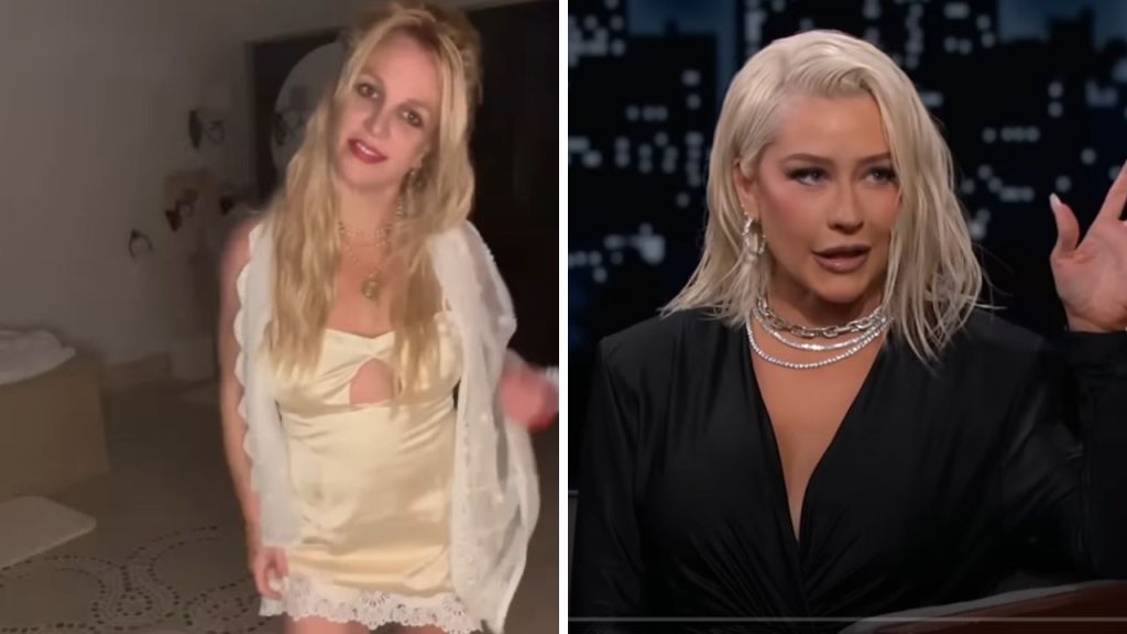 Britney Spears posing in her house and Christina Aguilera giving an interview on the Jimmy Kimmel show.