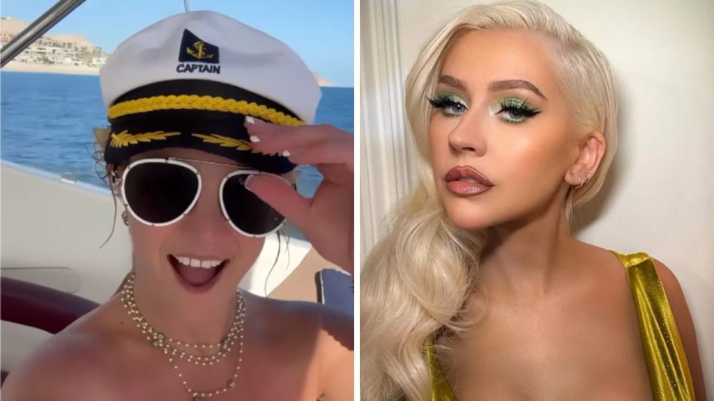 Britney Spears out at sea and Christina Aguilera inside her house.