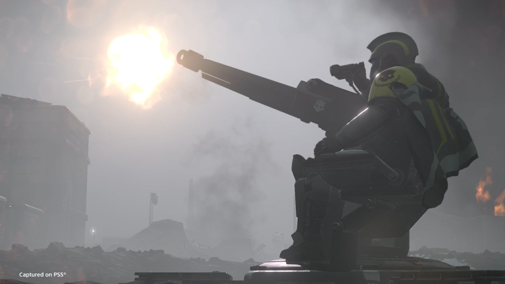 The image shows a player using one of the sentry in Helldivers 2