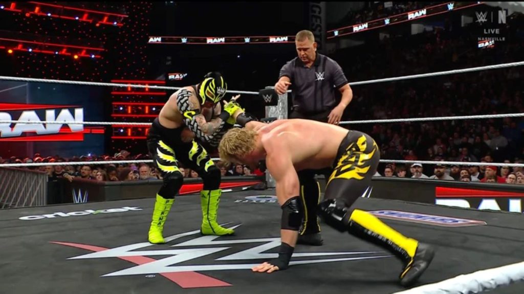 Logan Paul and Rey Mysterio in Elimination Chamber| Credit: WWE/Netflix