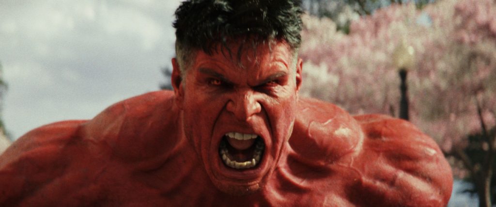 Red Hulk/President Thaddeus Ross (Harrison Ford) screaming angrily in Marvel Studios' Captain America: Brave New World.