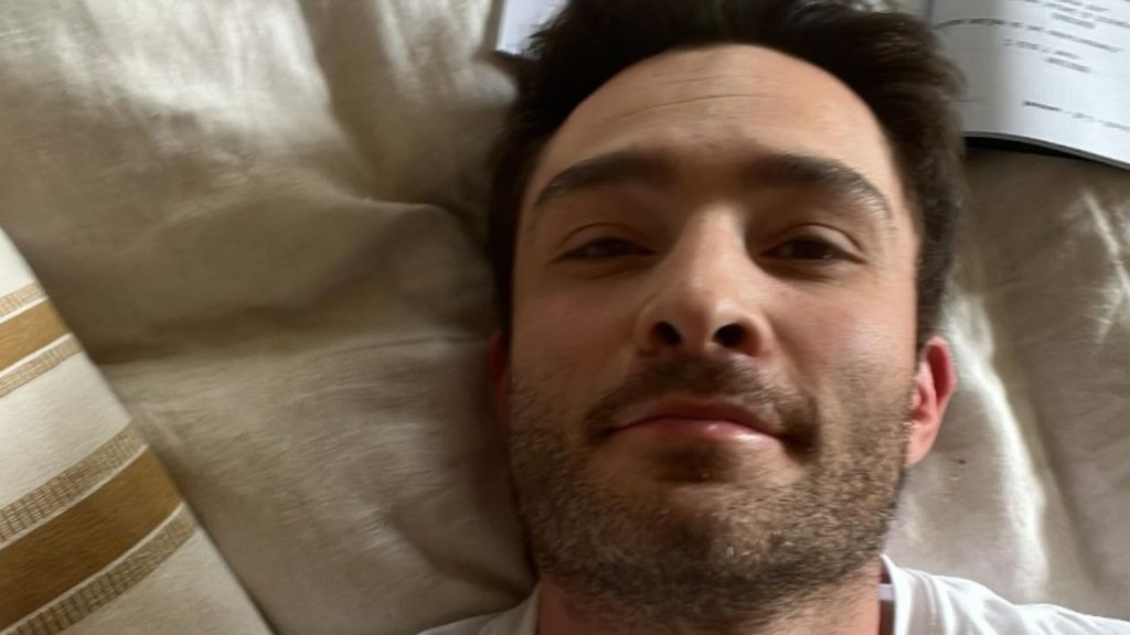 Ed Westwick taking a selfie in bed